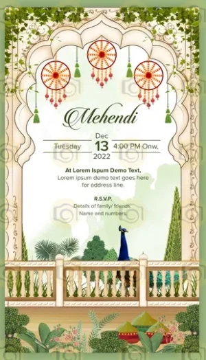 Indian Mehendi Invitation Card Featuring A Serene Garden Scene With Floral Designs And Elegant Typography